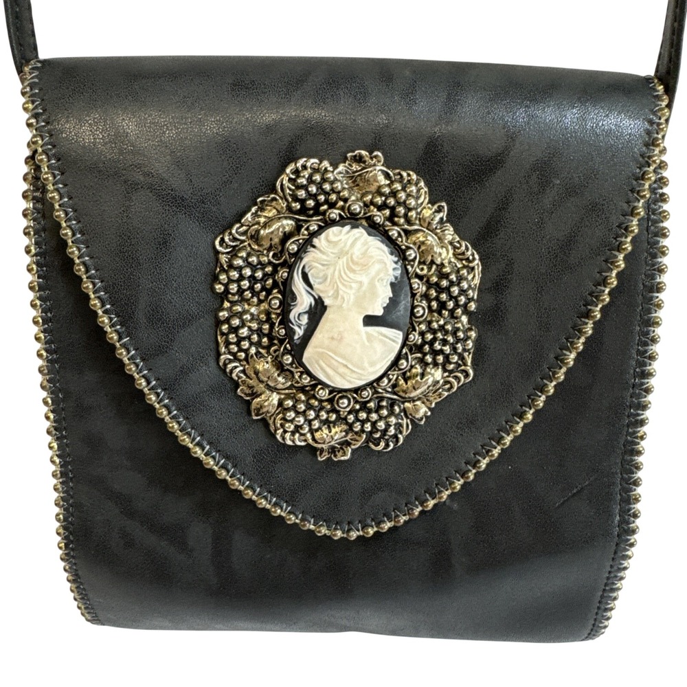 Leatherock Nina Arjani Black Leather Cameo Crossbody Bag Vintage 1992